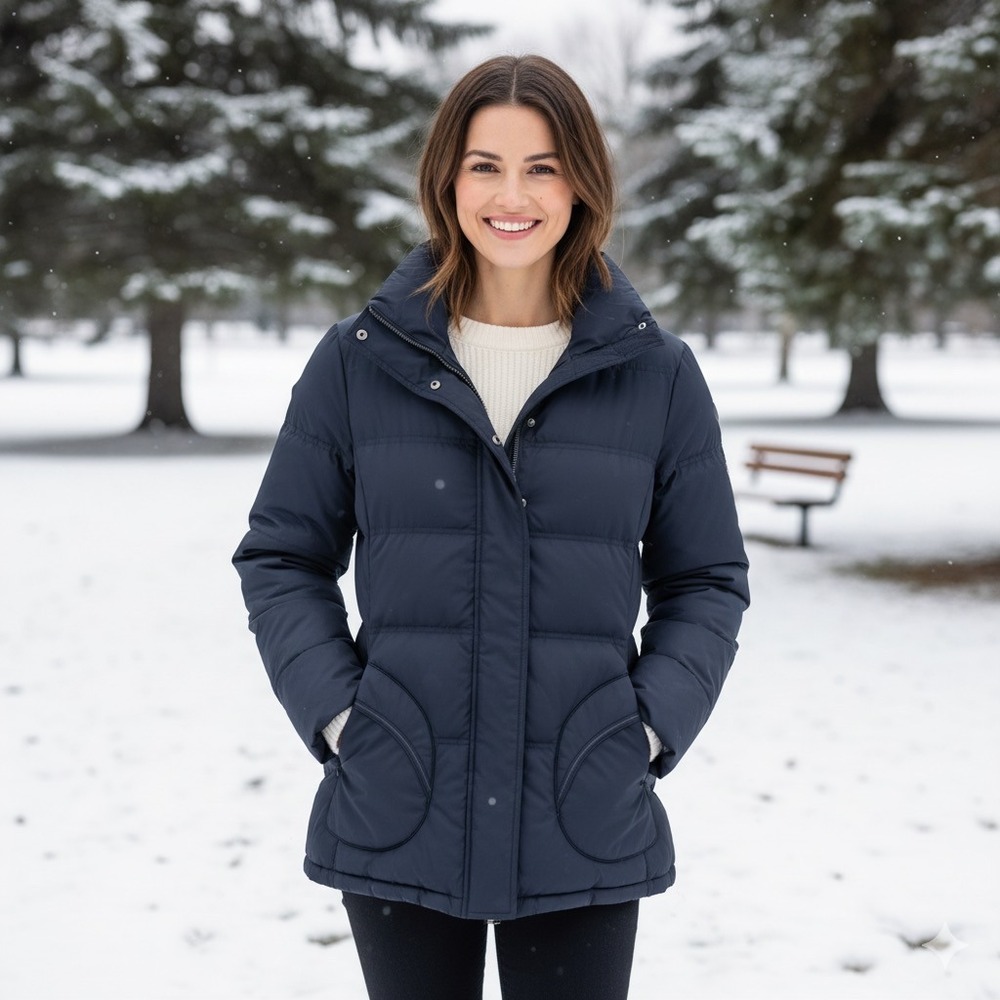 Crocodile Ladies Navy Blue Puffer Jacket Stand Collar Snap‎ Button Size Large